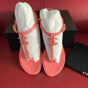 Chanel Interlocking CC Logo T-Strap Sandals in Orange